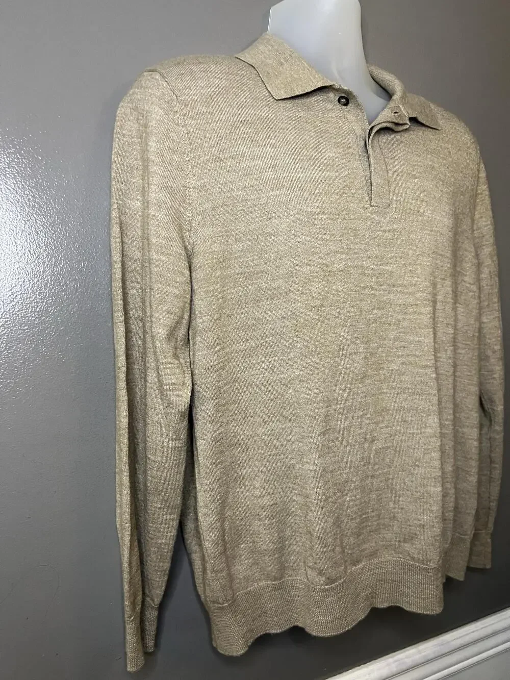 Club Room Sweater Mens Large Beige Lightweight Collared Merino Wool Pullover
